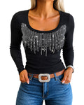 ChicMe Couture Women Rhinestone Ribbed Long Sleeve Top Slim Fit Sparkly Shirt