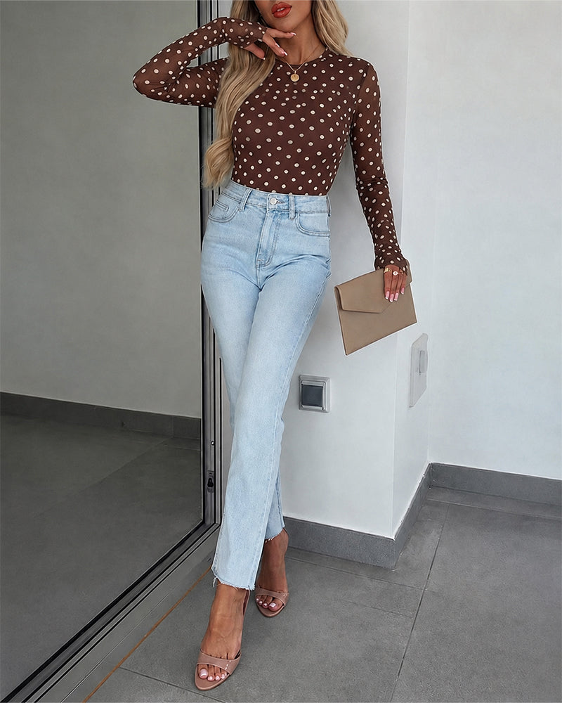 ChicMe Couture Women's Polka Dot Mesh Long Sleeve Top