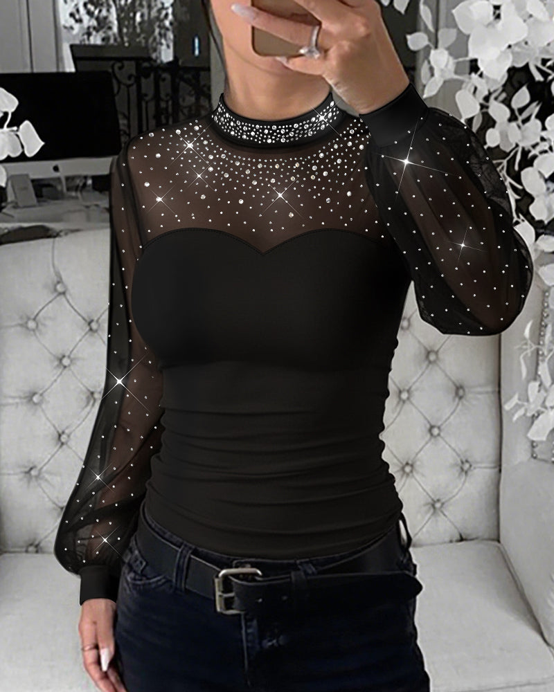 ChicMe Couture Women's Long Sleeve Rhinestone Mesh Spliced Top
