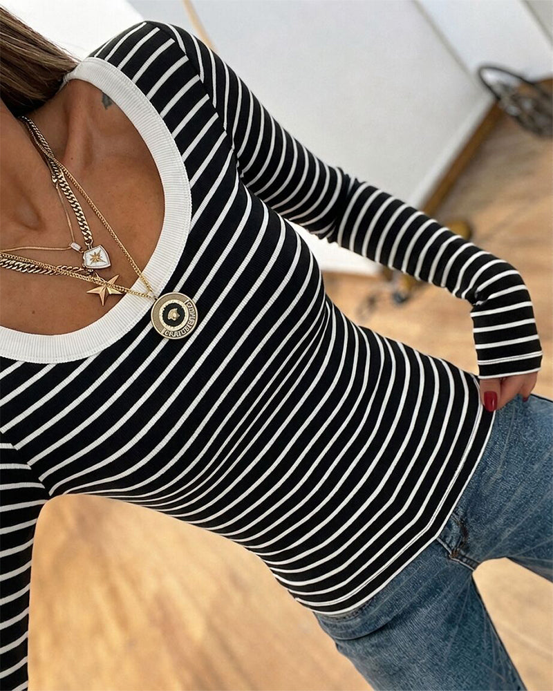 ChicMe Couture Women's Striped Long Sleeve U Neck Basic Tops