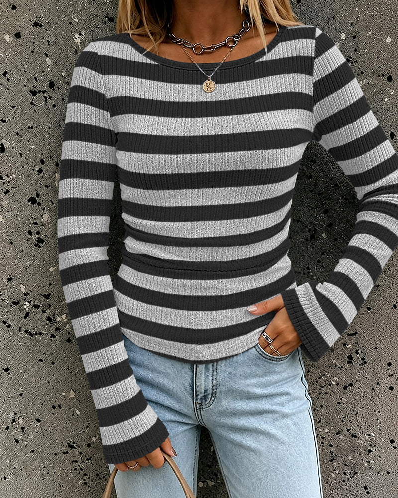 ChicMe Couture Women's Striped Brushed Ribbed Bell Sleeve Boat Neck Top