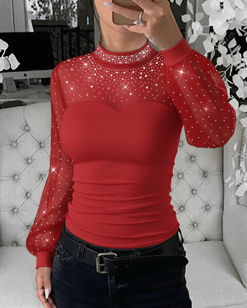 ChicMe Couture Women's Long Sleeve Rhinestone Mesh Spliced Top