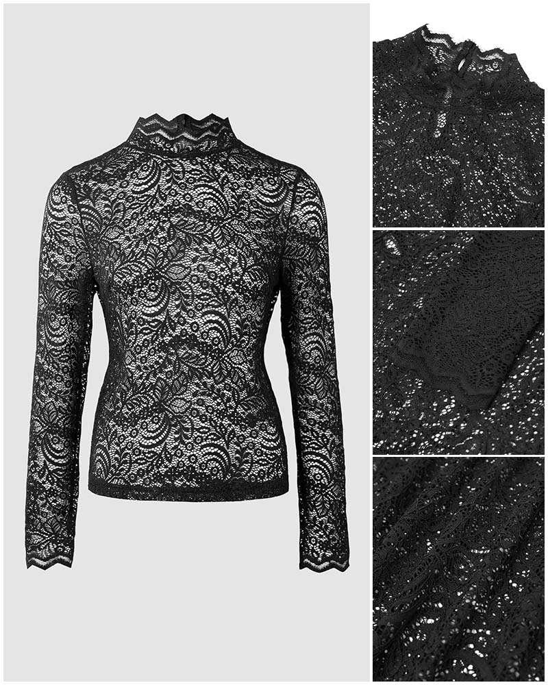 ChicMe Couture Women's Sheer Lace Mesh Long Sleeve Top