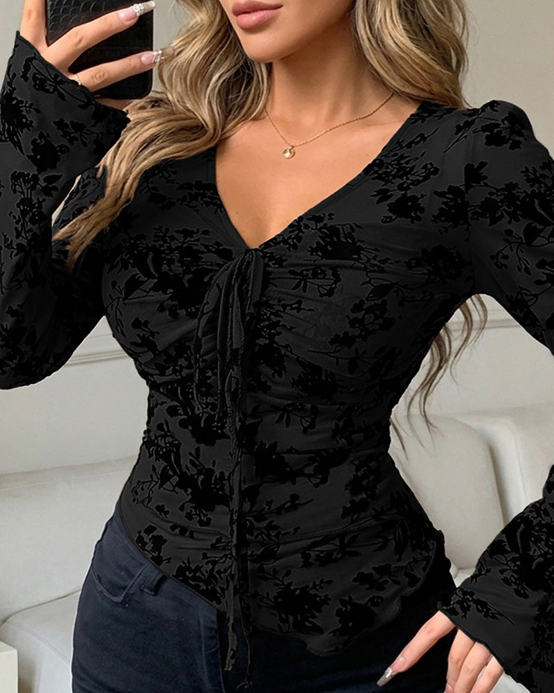 ChicMe Couture Women's Bell Sleeve Flocked Floral Mesh Top Lined Blouse Coffee Small