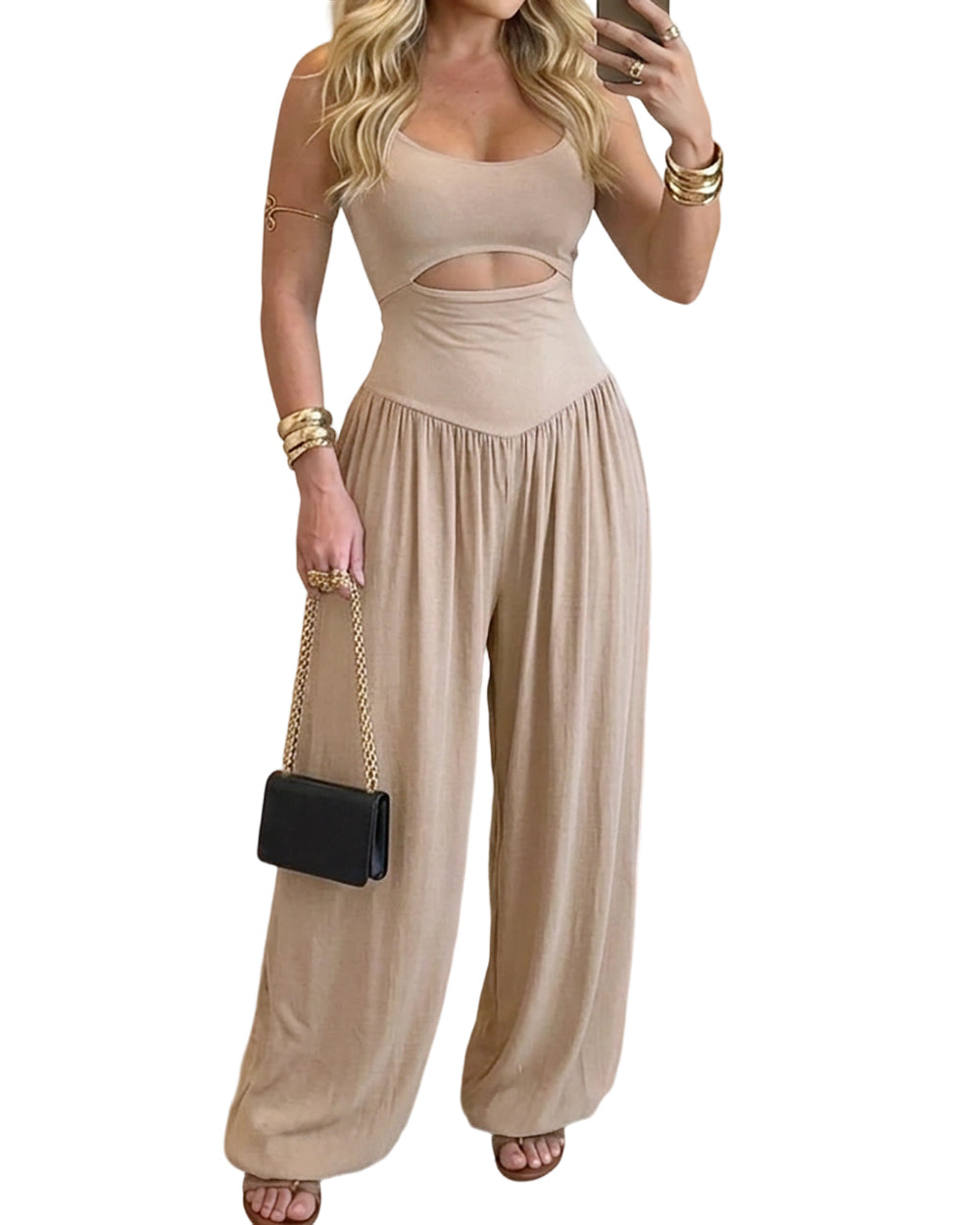 ChicMe Couture Wide Leg Jumpsuits for Women U Neck Cutout Tie Back Romper