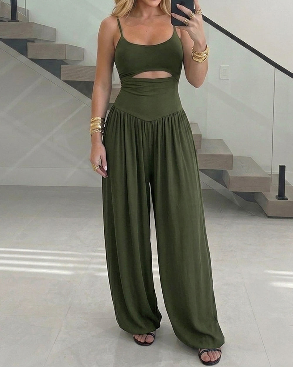 ChicMe Couture Wide Leg Jumpsuits for Women U Neck Cutout Tie Back Romper