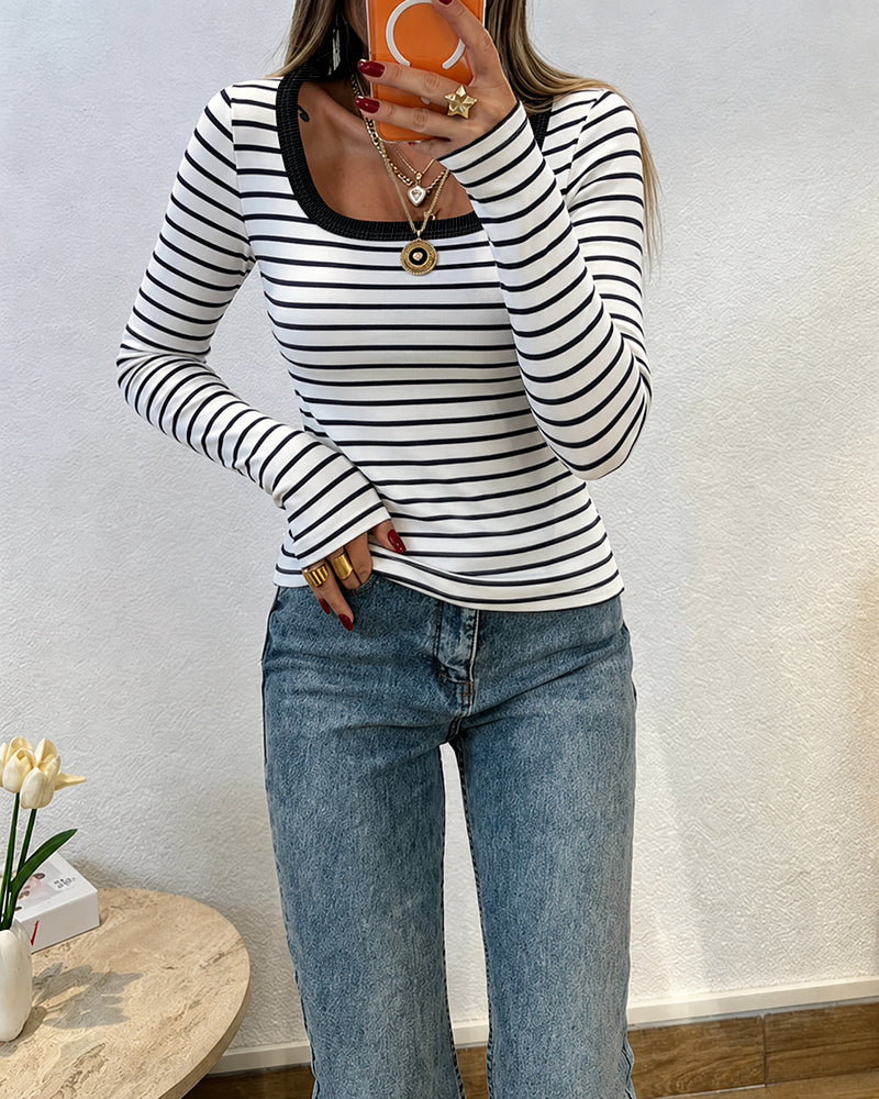 ChicMe Couture Women's Striped Long Sleeve U Neck Basic Tops
