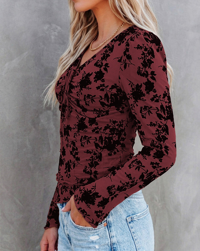 ChicMe Couture Women's Bell Sleeve Flocked Floral Mesh Top Lined Blouse Coffee Small