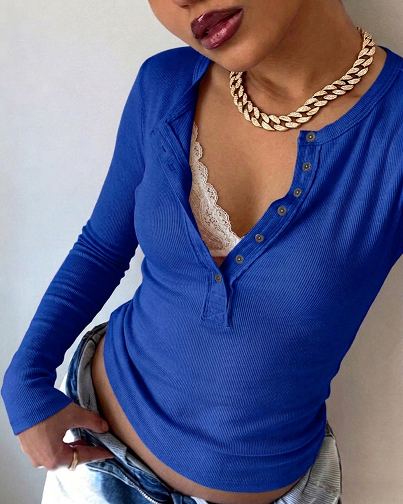 ChicMe Couture Women's Henley Long Sleeve Shirts Ribbed Button V Neck Top