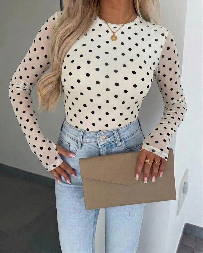 ChicMe Couture Women's Polka Dot Mesh Long Sleeve Top