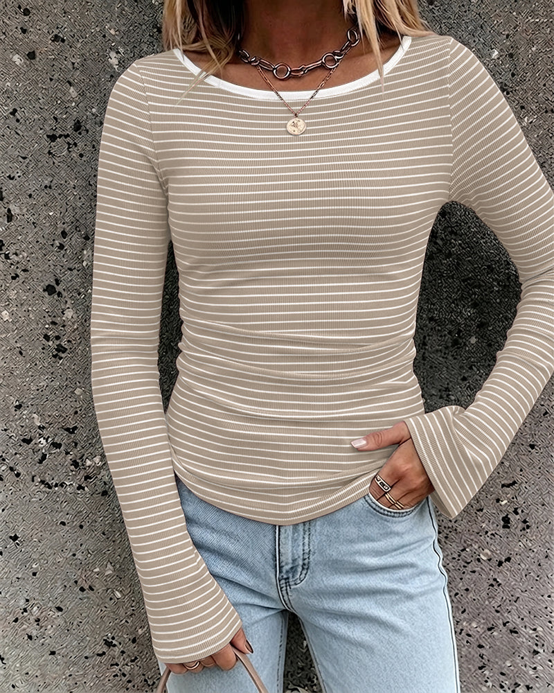 ChicMe Couture Women's French Boat Neck Striped Top Long Flare Sleeve Ribbed Knit Blouse Ruched Slim Fit Pullover