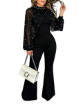 ChicMe Couture Jumpsuits for Women Mock Neck Lantern Long Sleeve Overalls Flared Date Night Jumpsuit Spring Going Out Outfits