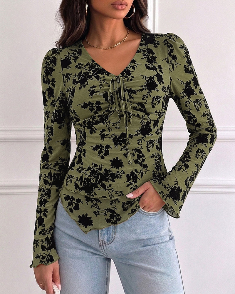 ChicMe Couture Women's Bell Sleeve Flocked Floral Mesh Top Lined Blouse Coffee Small