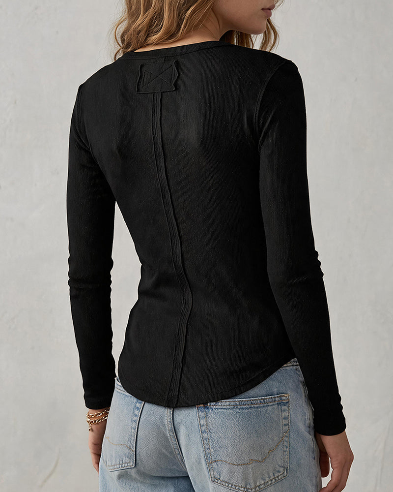 ChicMe Couture Women's Henley Long Sleeve Shirts Ribbed Button V Neck Top