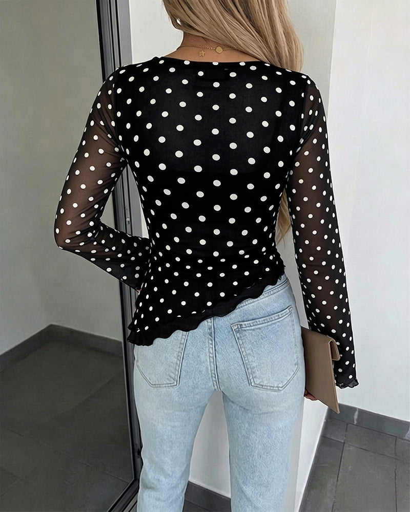 ChicMe Couture Womens Bell Sleeve Polka Dot Mesh Top Coffee Small