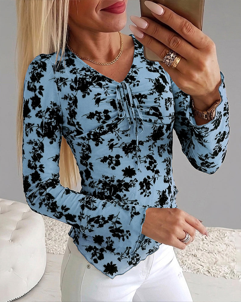 ChicMe Couture Women's Bell Sleeve Flocked Floral Mesh Top Lined Blouse Coffee Small