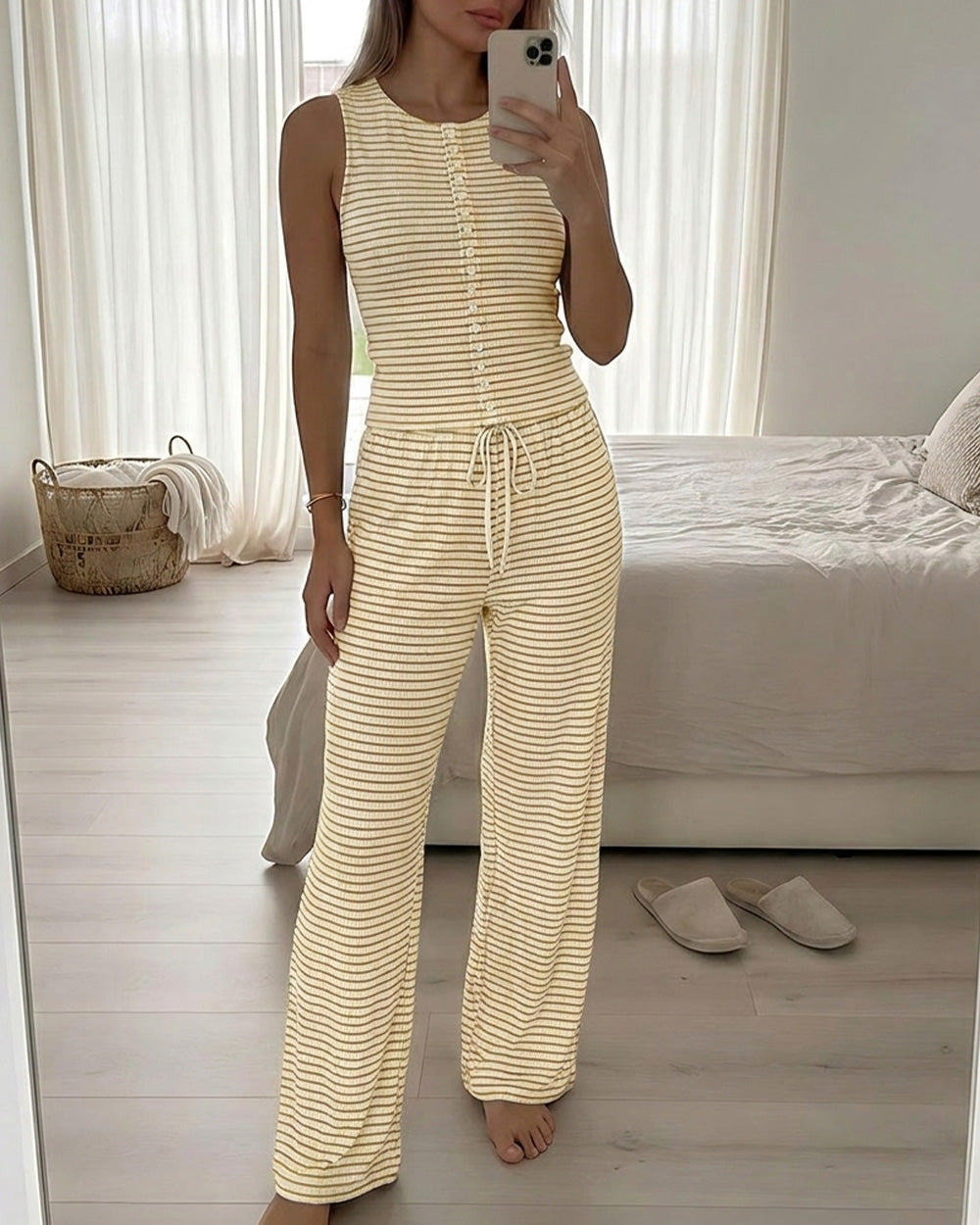 ChicMe Couture Lounge Sets For Women 2 Piece Striped Knit Pajama Set Red Bean Large