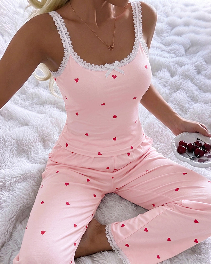 ChicMe Couture Women's Pajamas Set 2 Piece Ditsy Floral Print Lace Cami Top and Pants Loungewear with Pockets Sleepwear