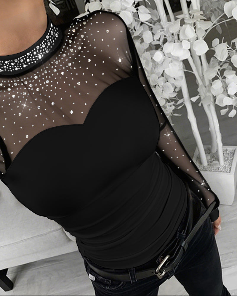 ChicMe Couture Women's Long Sleeve Rhinestone Mesh Spliced Top