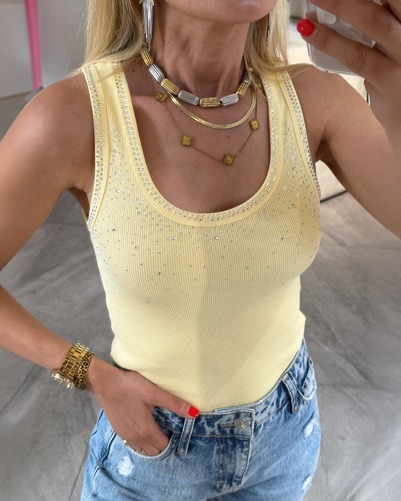 ChicMe Couture Womens Rhinestone Tank Top Fitted Ribbed Shirt Sparkly Rhinestone Ribbed Tank for Women, Flattering U Neck, Comfort Slim Fit Sleeveless Top for Casual & Going Out