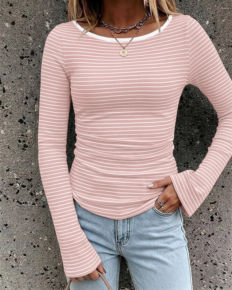 ChicMe Couture Women's French Boat Neck Striped Top Long Flare Sleeve Ribbed Knit Blouse Ruched Slim Fit Pullover