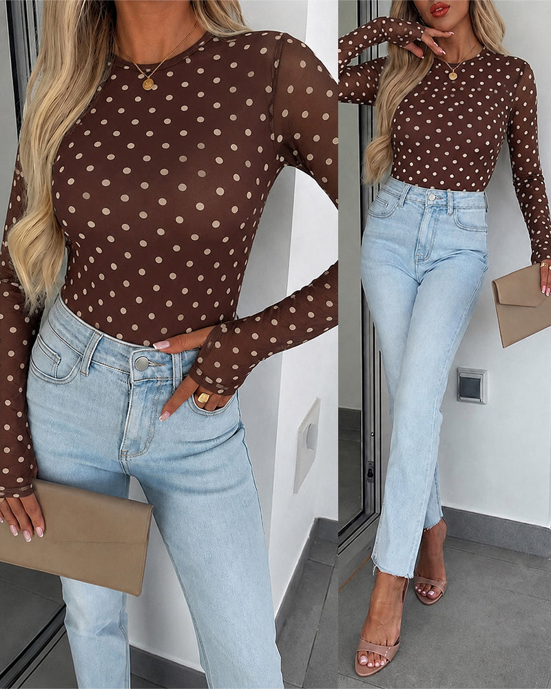 ChicMe Couture Women's Polka Dot Mesh Long Sleeve Top