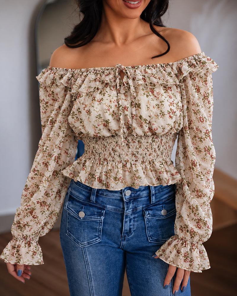 ChicMe Couture Womens Off Shoulder Ditsy Floral Chiffon Blouse