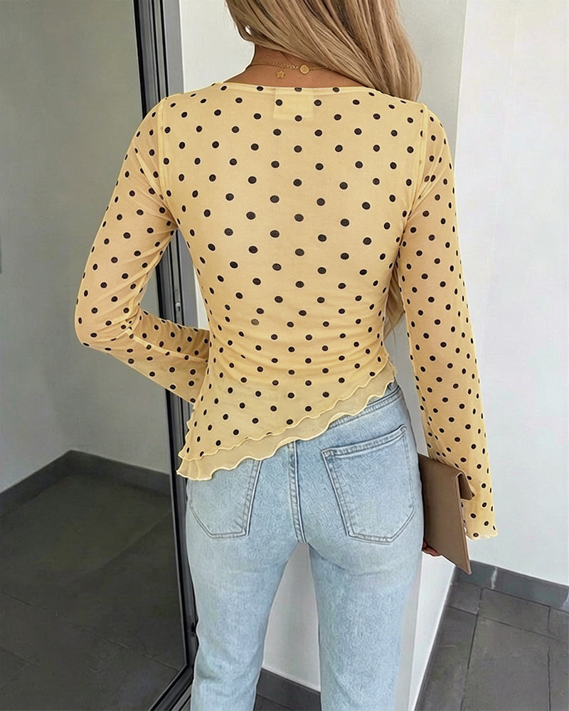 ChicMe Couture Womens Bell Sleeve Polka Dot Mesh Top Coffee Small