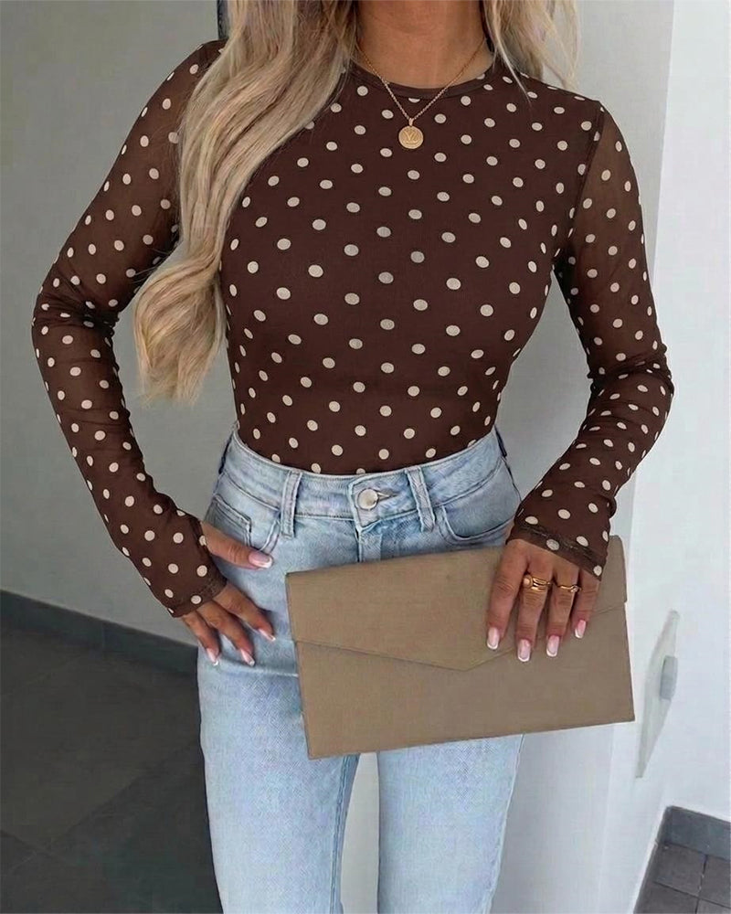 ChicMe Couture Women's Polka Dot Mesh Long Sleeve Top
