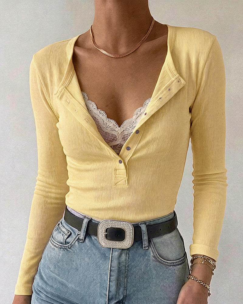 ChicMe Couture Women's Henley Long Sleeve Shirts Ribbed Button V Neck Top