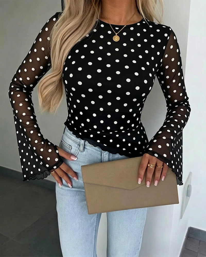 ChicMe Couture Womens Bell Sleeve Polka Dot Mesh Top Coffee Small