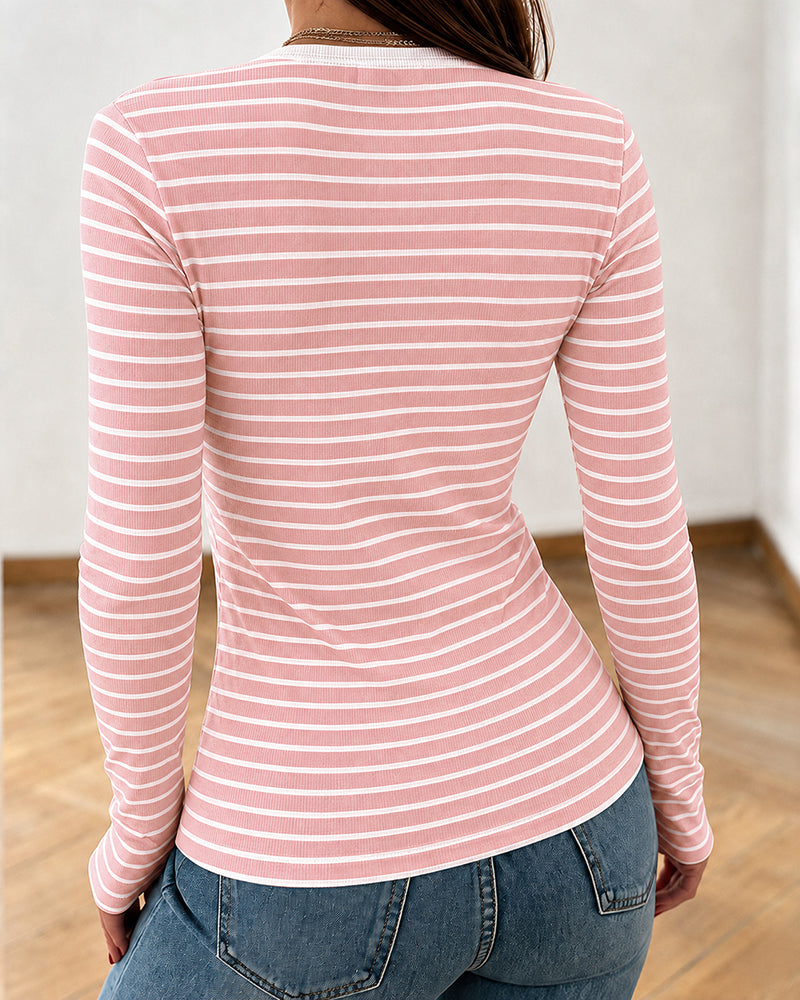 ChicMe Couture Women's Striped Long Sleeve U Neck Basic Tops