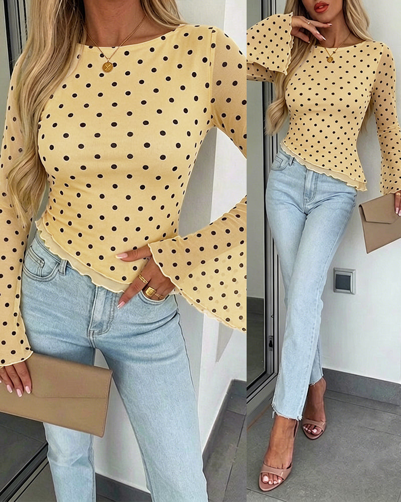 ChicMe Couture Womens Bell Sleeve Polka Dot Mesh Top Coffee Small