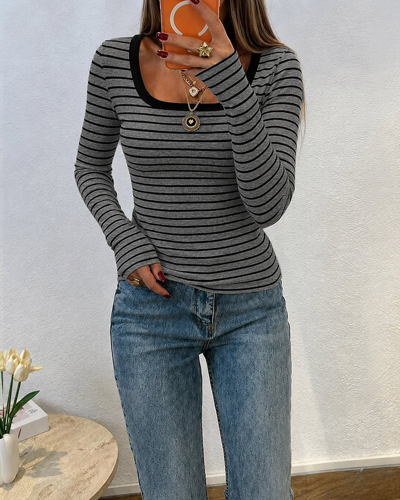 ChicMe Couture Women's Striped Long Sleeve U Neck Basic Tops
