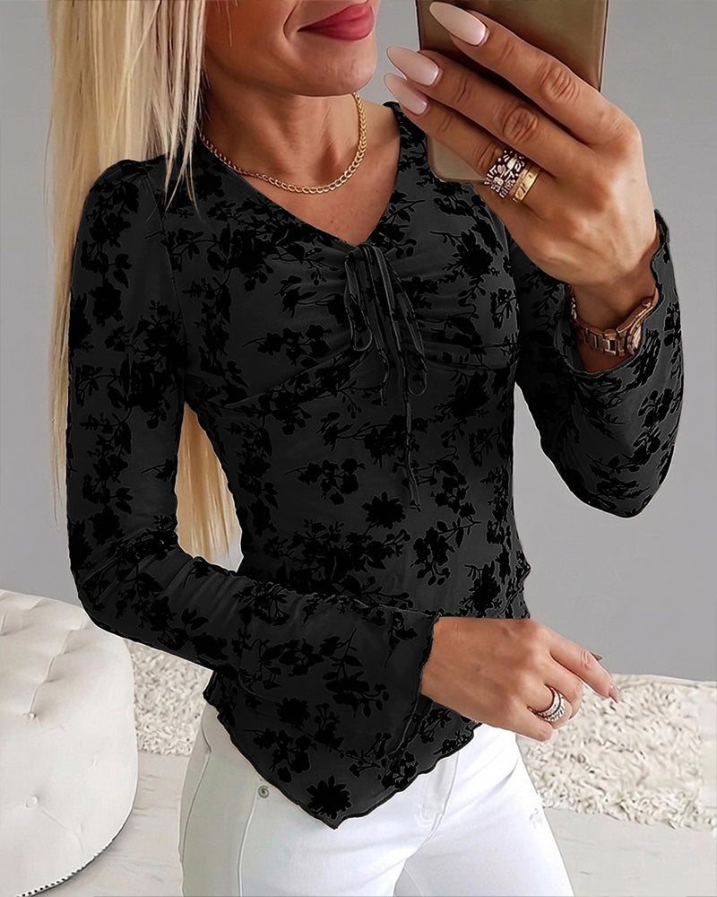 ChicMe Couture Women's Bell Sleeve Flocked Floral Mesh Top Lined Blouse Coffee Small