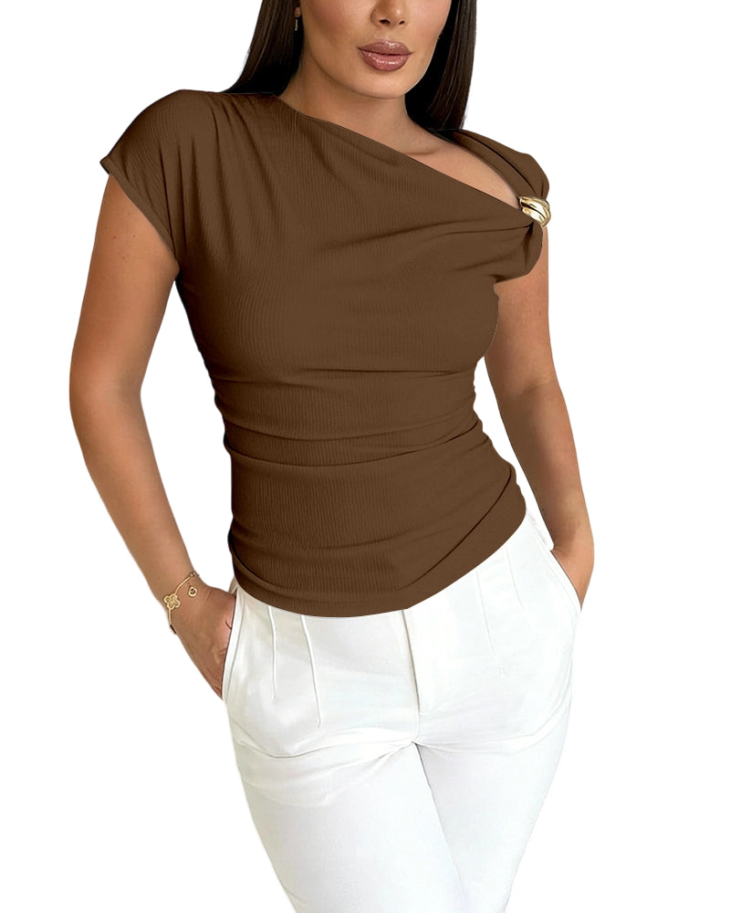 ChicMe Couture Womens Summer Skew Neck Tops Going Out Fitting T Shirts Short Sleeve Ruched Asymmetrical Blouses
