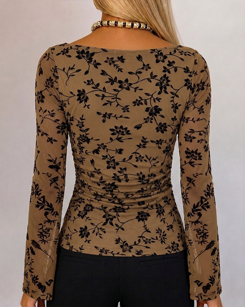 ChicMe Couture Women's Bell Sleeve Floral Mesh Top
