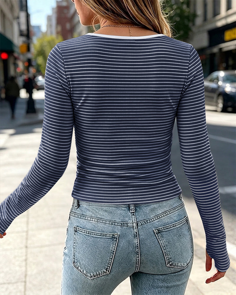 ChicMe Couture Women's Striped Boat Neck Ruched Top with Thumb Holes