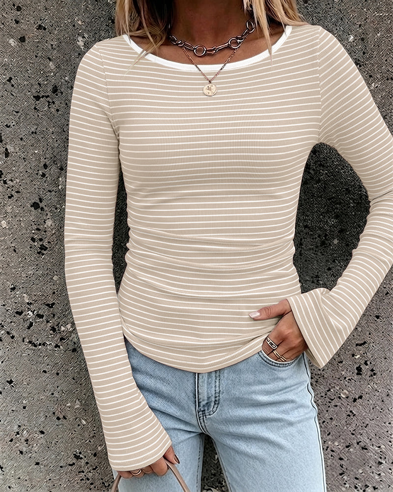 ChicMe Couture Women's French Boat Neck Striped Top Long Flare Sleeve Ribbed Knit Blouse Ruched Slim Fit Pullover