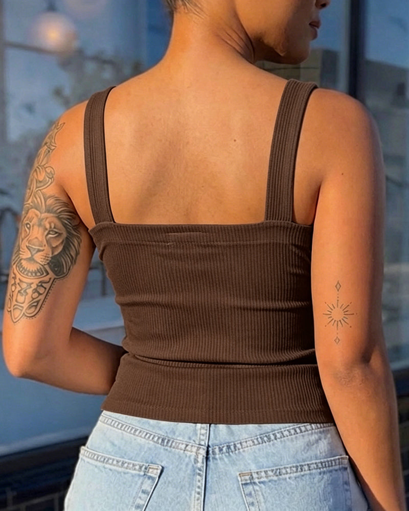 ChicMe Couture Tank Tops for Women Square Neck Ribbed Adjustable Strap Shirt Coffee Small