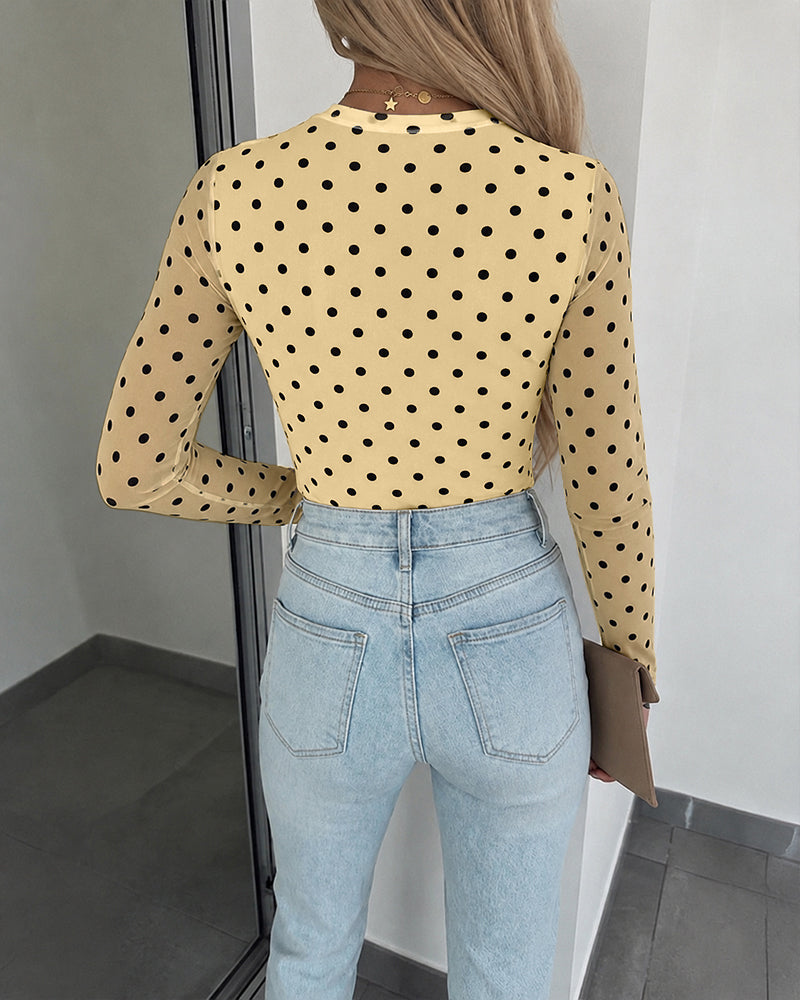 ChicMe Couture Women's Polka Dot Mesh Long Sleeve Top