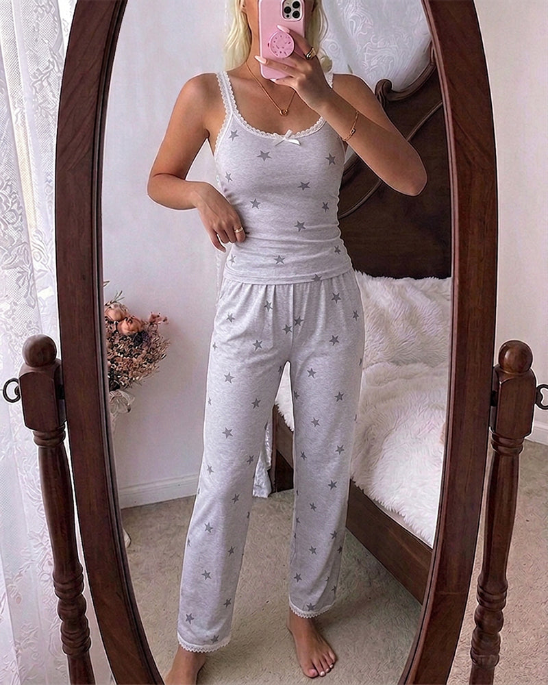 ChicMe Couture Women's Pajamas Set 2 Piece Ditsy Floral Print Lace Cami Top and Pants Loungewear with Pockets Sleepwear