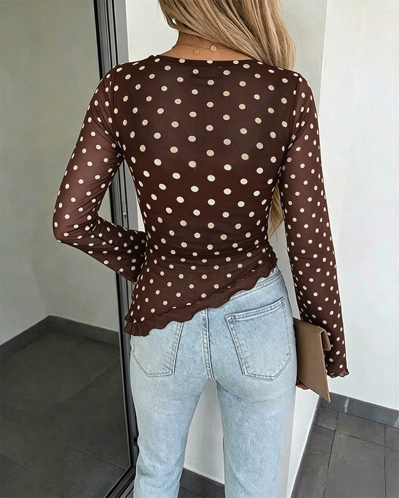 ChicMe Couture Womens Bell Sleeve Polka Dot Mesh Top Coffee Small