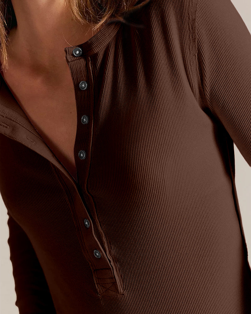 ChicMe Couture Women's Henley Long Sleeve Shirts Ribbed Button V Neck Top