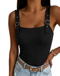 ChicMe Couture Tank Tops for Women Square Neck Ribbed Adjustable Strap Shirt Coffee Small