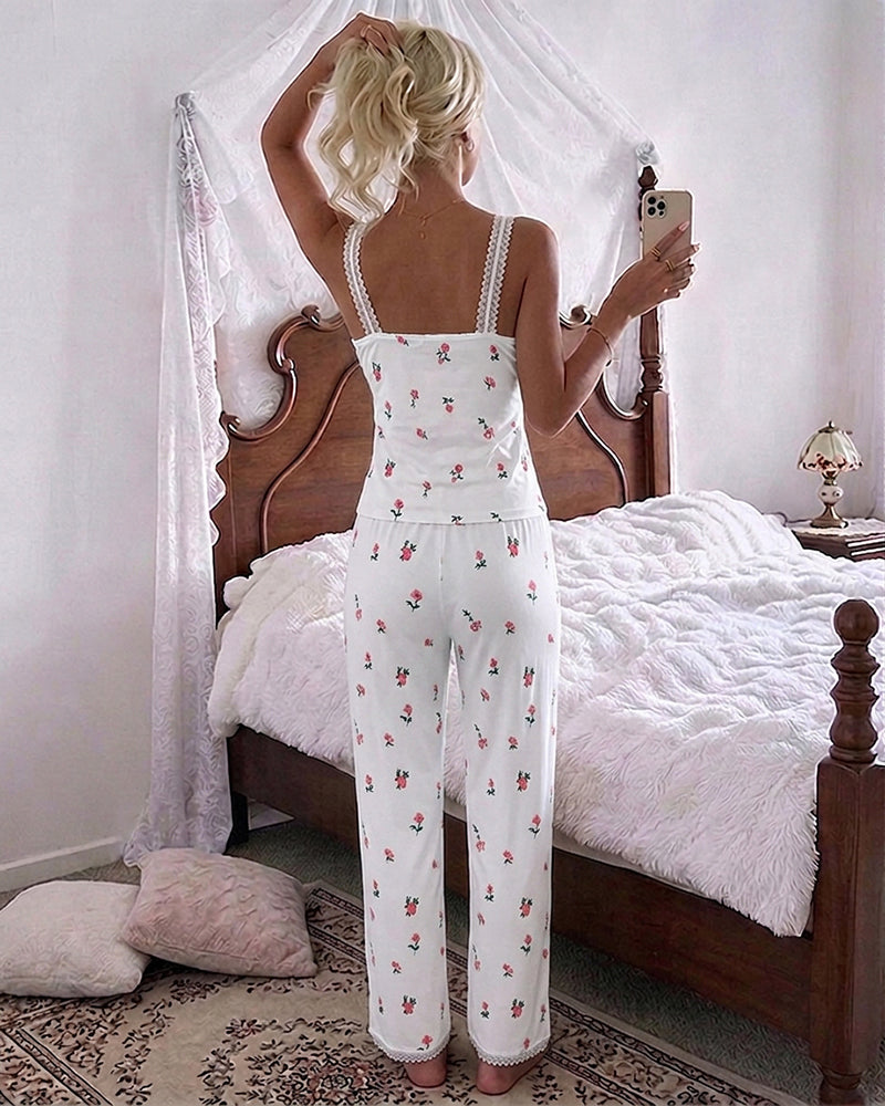 ChicMe Couture Women's Pajamas Set 2 Piece Ditsy Floral Print Lace Cami Top and Pants Loungewear with Pockets Sleepwear