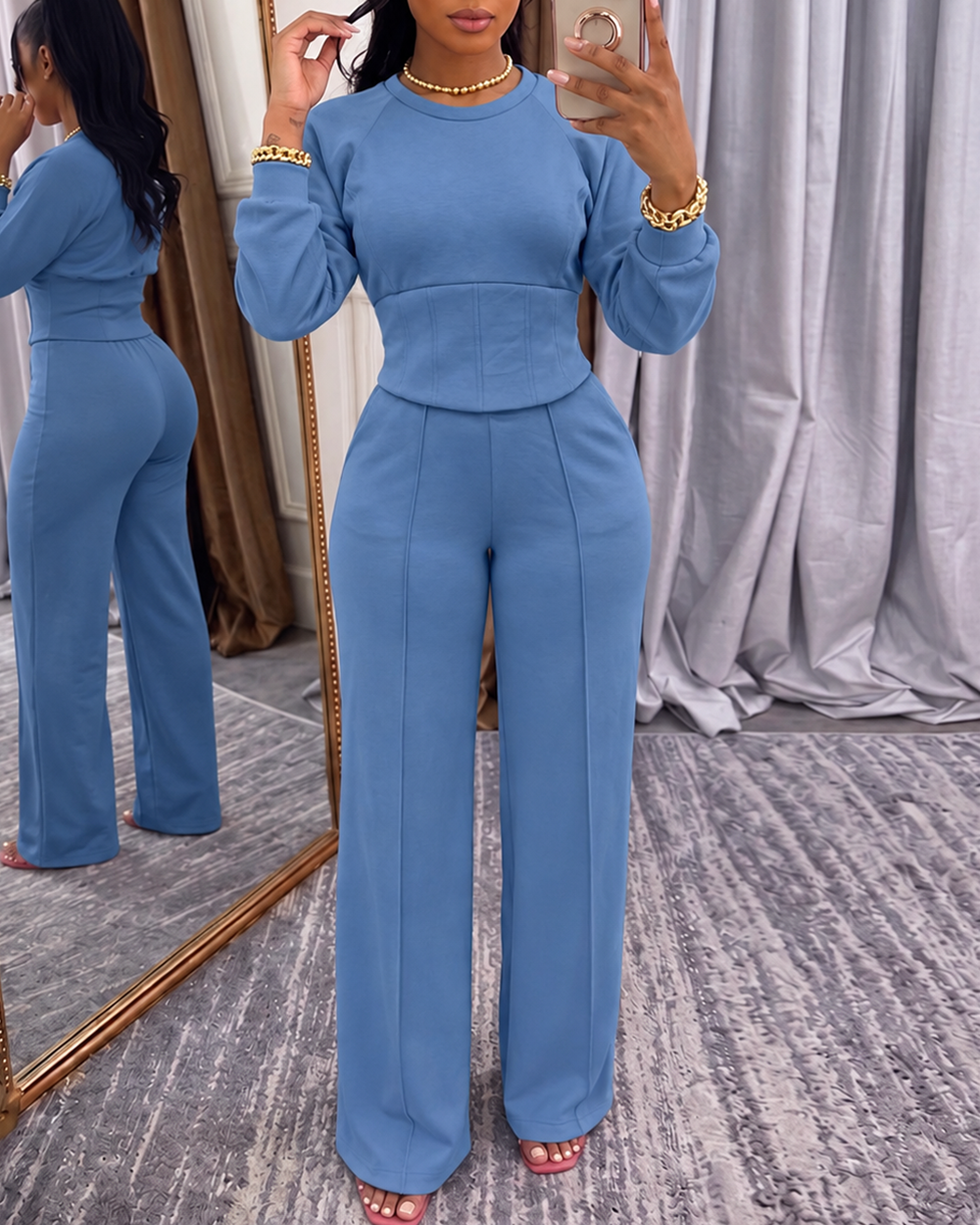 ChicMe Couture Women's 2 Piece Sweatsuit Wide Leg Pant Set Light Gray Small