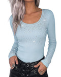 ChicMe Couture Women's Rhinestone Long Sleeve Top Khaki Medium