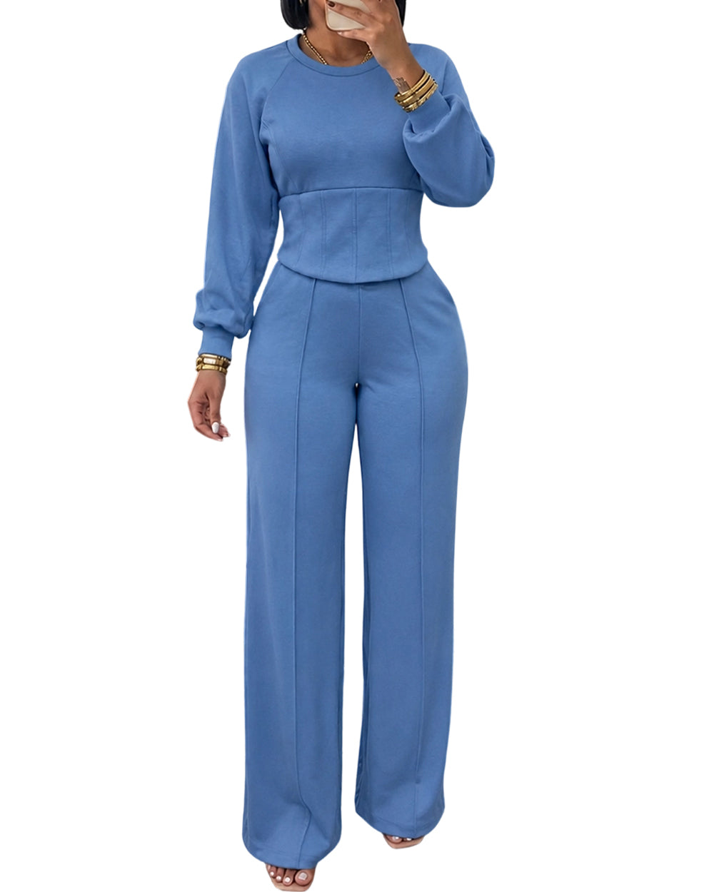 ChicMe Couture Women's 2 Piece Sweatsuit Wide Leg Pant Set Light Gray Small