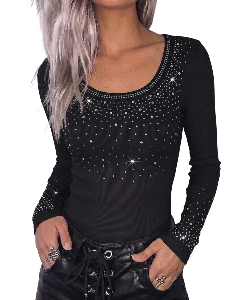 ChicMe Couture Women's Rhinestone Long Sleeve Top Khaki Medium